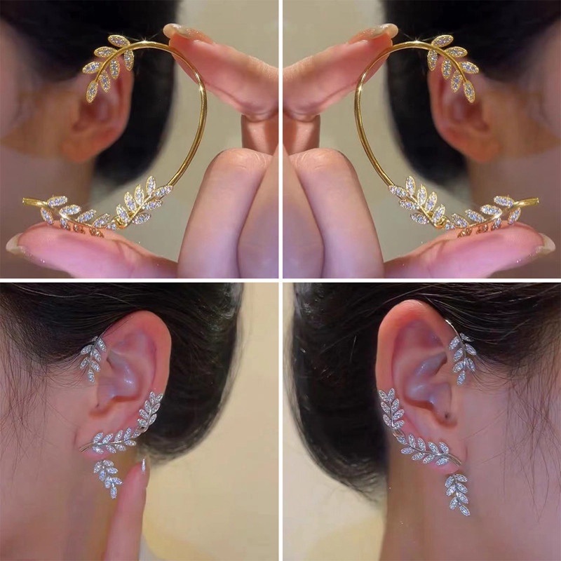 1pc Fashion Wanita Daun Telinga Manset Melengkung Kristal Stud Earring Perhiasan Aksesoris