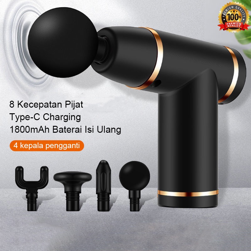 Alat Pijat Massage Gun Fascia Gun 4 Kepala 8 Kecepatan Pijat 1800mAh Type-C Charging