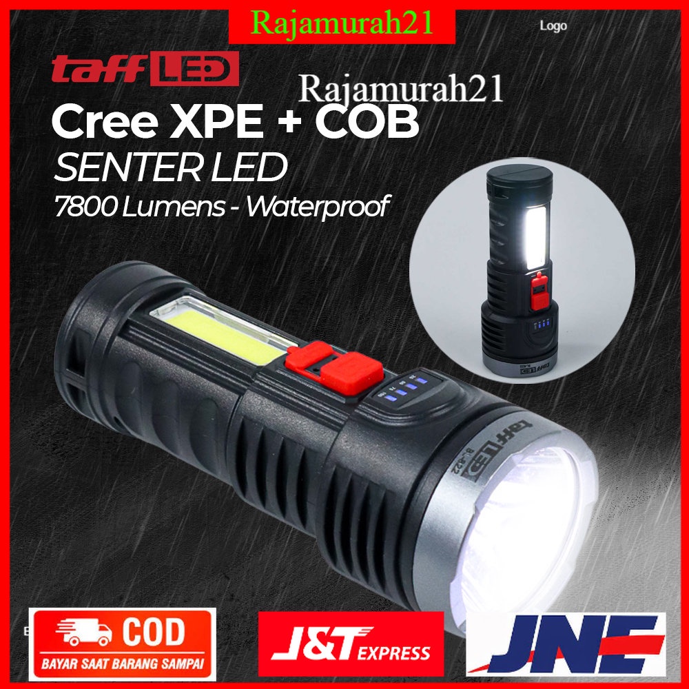 TaffLED Senter LED Flashlight Torch Waterproof USB Rechargeable Cree XPE + COB 7800 Lumens - Black - T4FL04BK