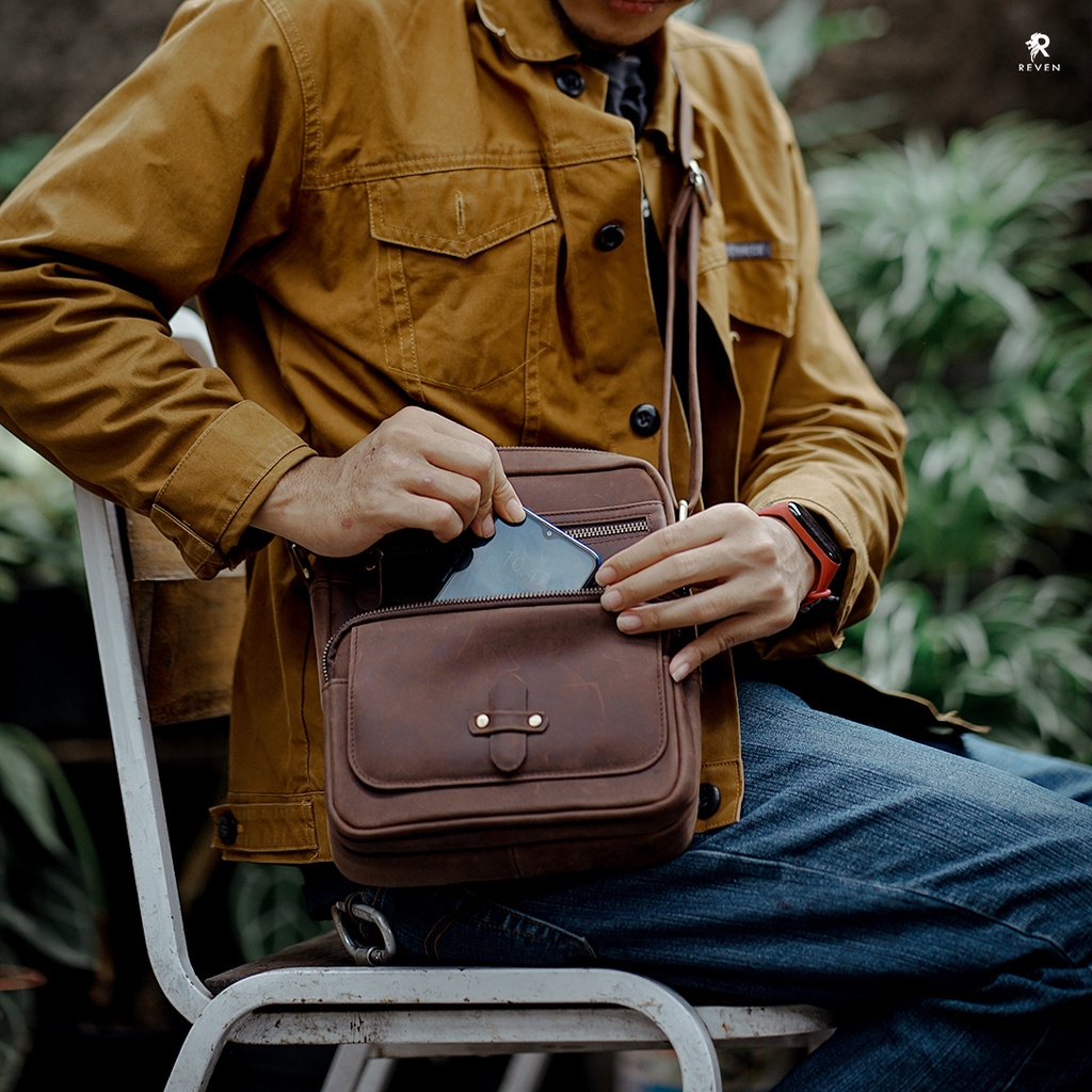 REVEN LEATHER - Tas Selempang Pria Kulit Asli Rover Bag / Tas pria Kekinian Trendy Tas Branded Pria