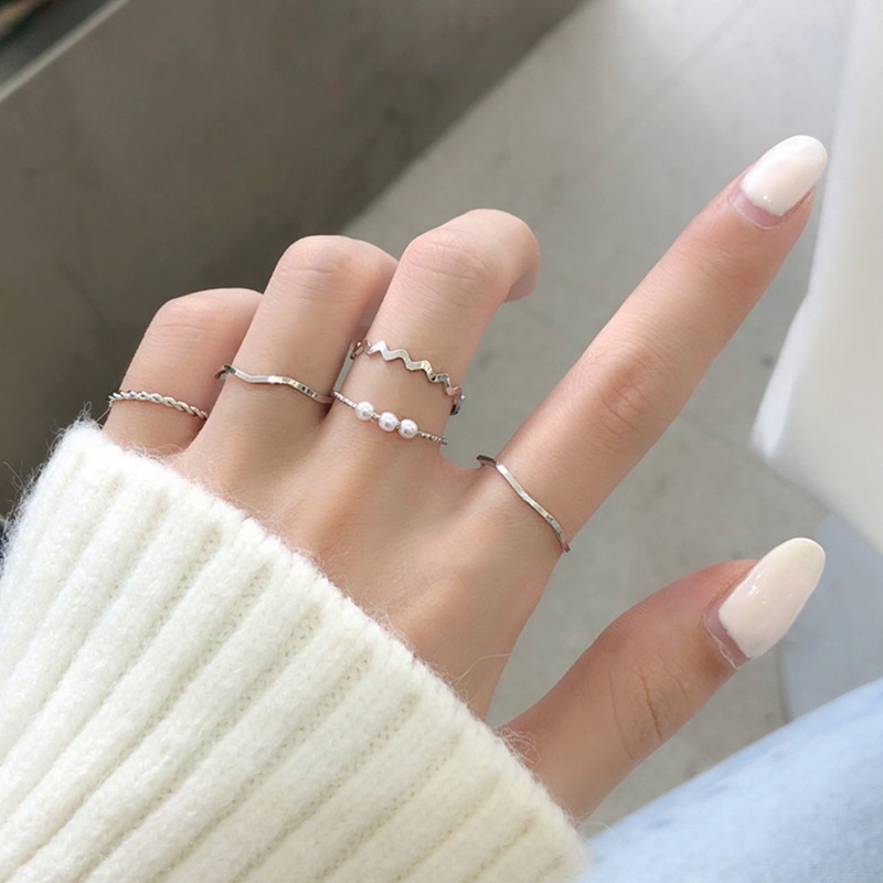 5 Pcs/Set Cincin Korea Ins Lingkaran Mutiara Cincin Wanita Gadis Fashion Aksesoris Perhiasan Jewelry