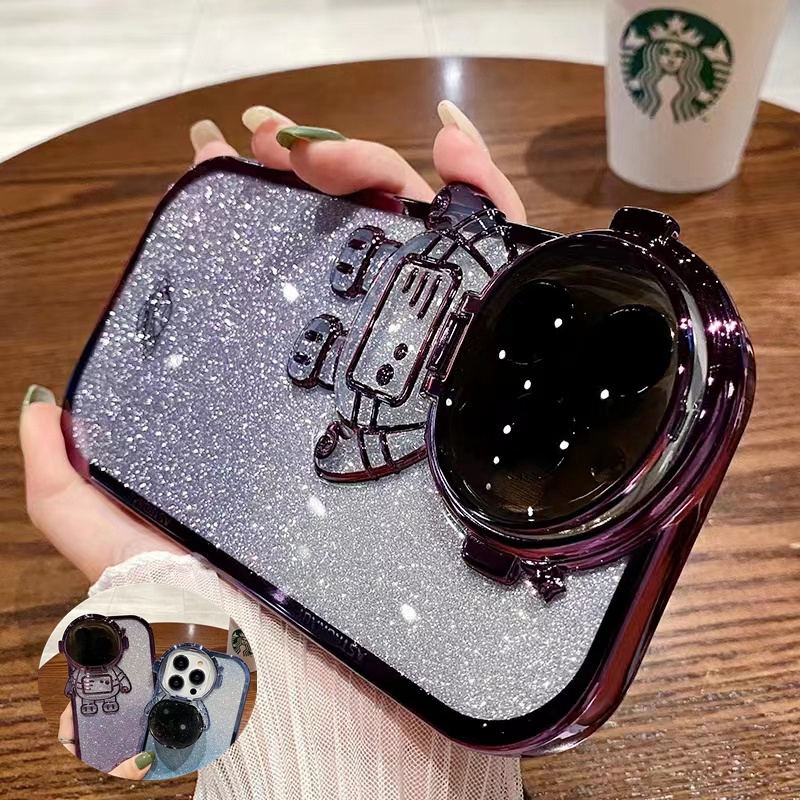 IPHONE Mewah Plating Glitter Astronot Berdiri Perlindungan Lensa Casing Ponsel Kompatibel Dengan Iphone11 12 13 14 Pro Max14 plus XR Kreatif Clamshell Shockproof Back Cover