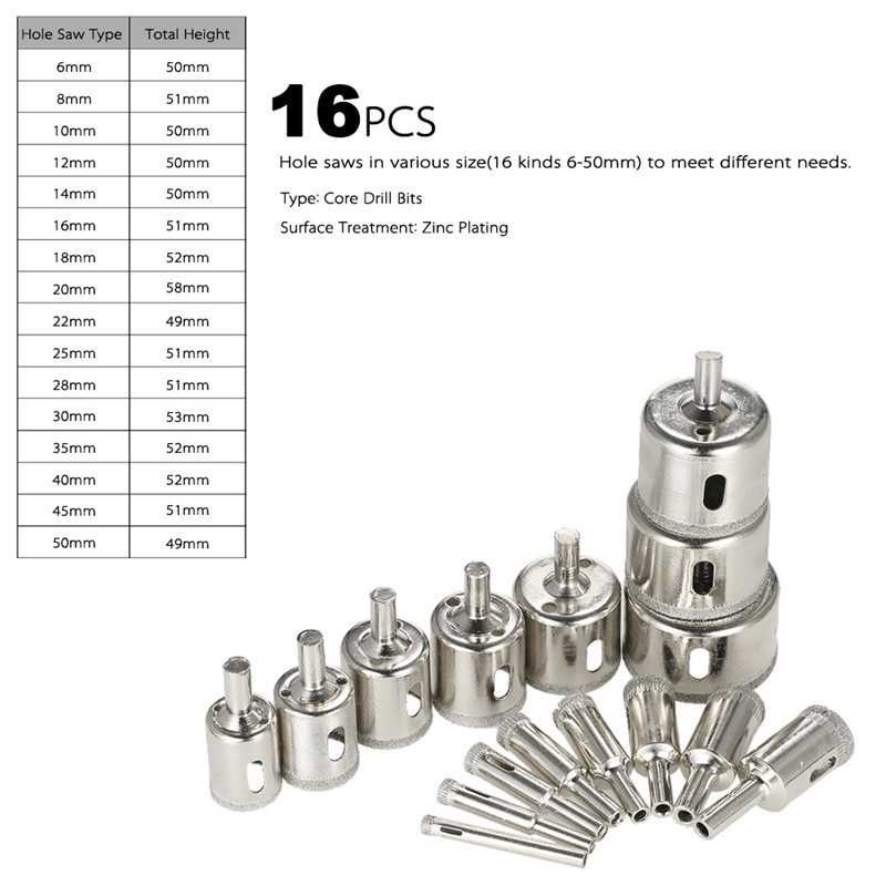 Mata Bor Set Beton Kayu Kramik Kaca Marmer Granit 6mm-50mm 16 PCS Diamond Coated Hole Drill Bit Taffware