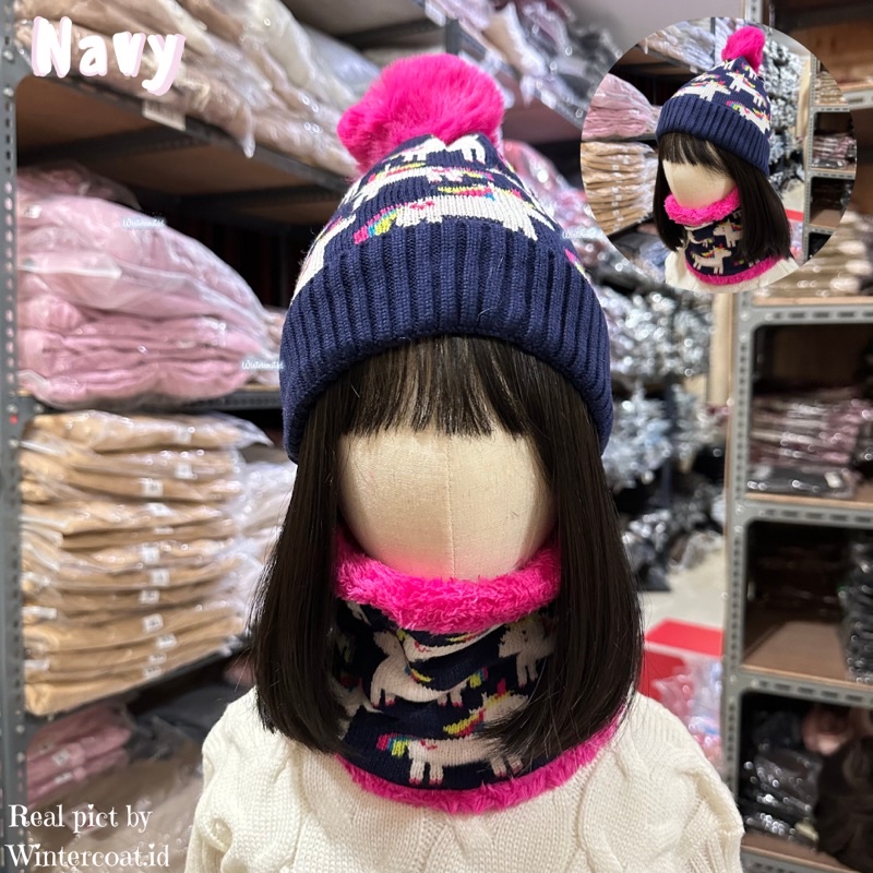 Kids beanie set winter topi syal hangat anak bayi Baby hat neck warmer import musim dingin cowok cewek unicorn