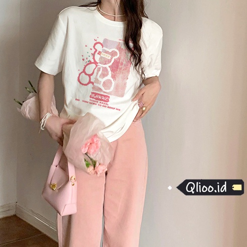 Print T-shirt Kaos Lengan Pendek Pink Bear Atasan Wanita Korean Style