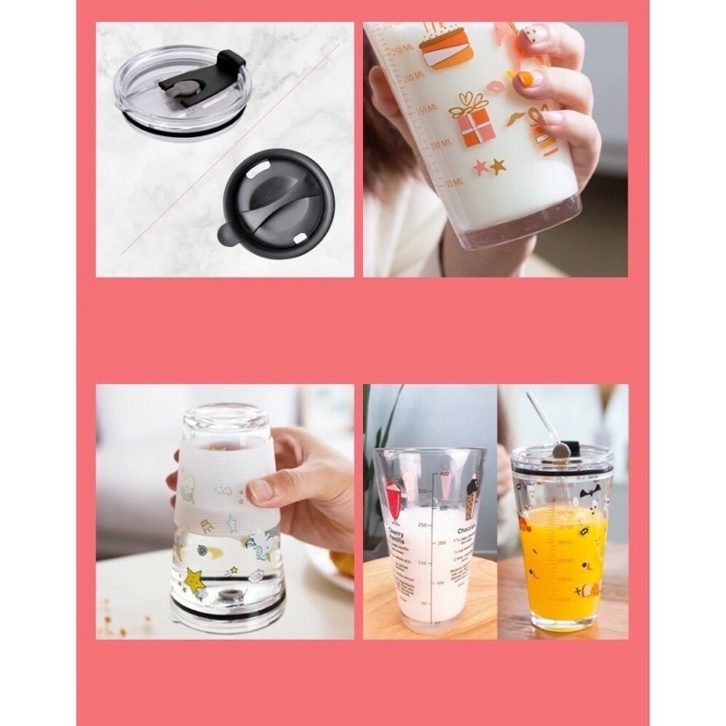 Gelas Tumbler Botol Kaca Motif + Sedotan Dengan Tutup anti Bocor 400ml