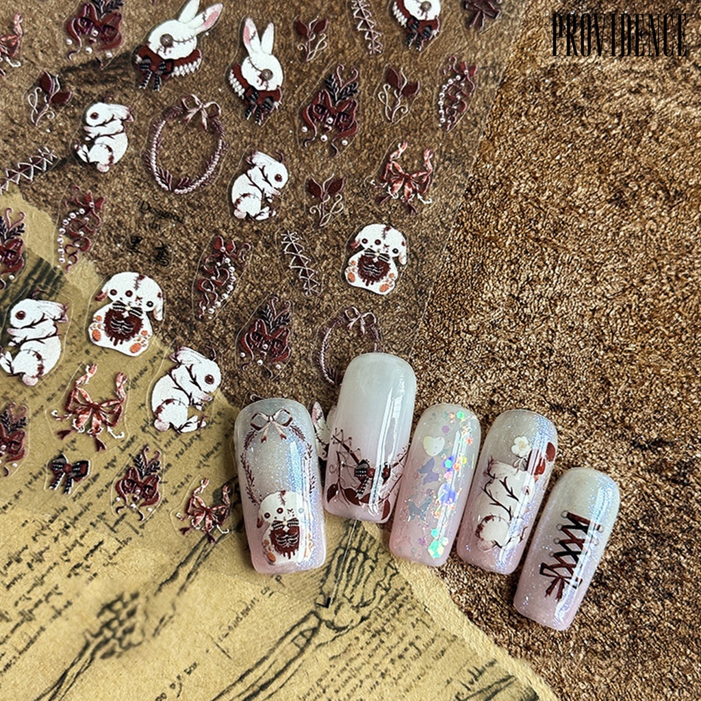 Providence Nail Art Stiker Perekat Diri Tidak Luntur Mudah Tempel Yang Dapat Dilepas DIY Ultra Tipis Kartun Hewan Gaya Gelap Kelinci Kuku Patch Perlengkapan Kuku