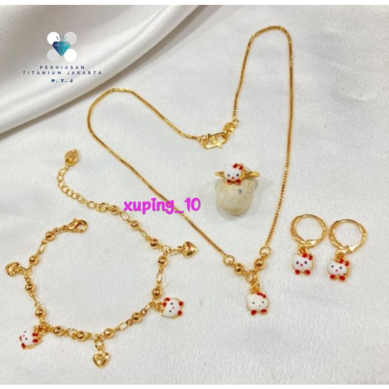 Set Perhiasan Anak Perempuan Kalung Gelang Cincin Anting Kucing Aksesoris Anti Karat SPA-25