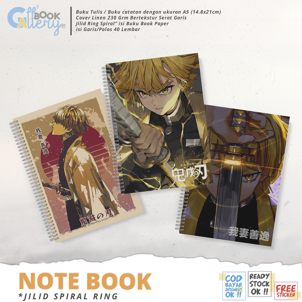 

[SP] Buku Tulis / Buku Catatan / Note book Anime (Demon Slayer) Kimetsu no Yaiba, Zenitsu Agatsuma Jilid Ring Spiral Dengan isi Book Paper Garis/Polos 50 Lembar Free Poster dan Stiker Ukuran A5