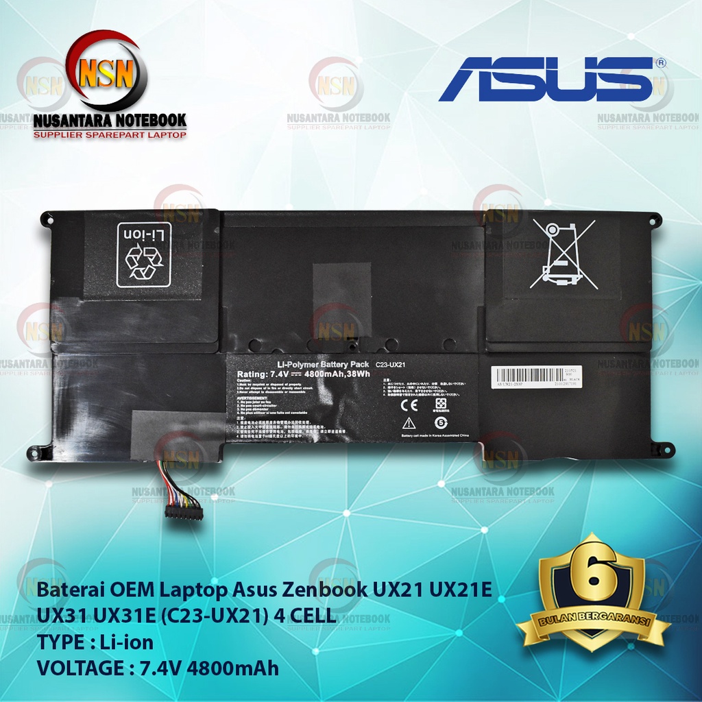 Baterai Asus Zenbook UX21, UX21E, UX31, UX31E, C23-UX21 (4 CELL) OEM 7.4V 4800mAh