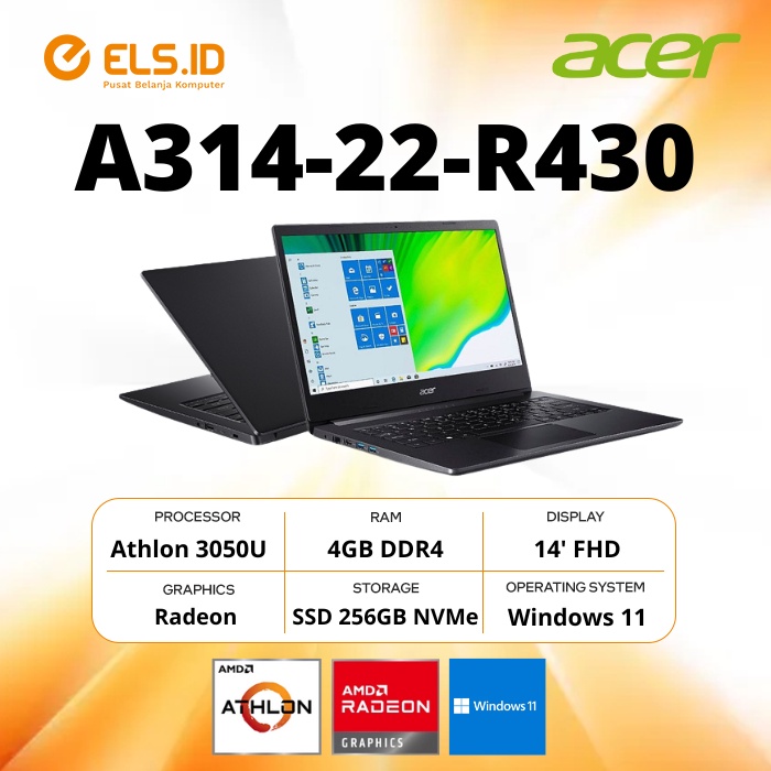 Acer Aspire 3 A314-22-R430 Athlon-3050U 4GB SSD 256GB 14' FHD W11+OHS