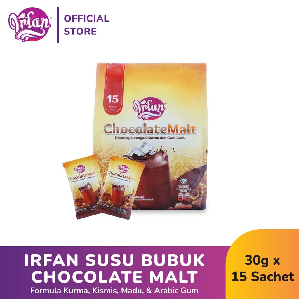 

IRFAN Susu Bubuk Chocolate Malt Formula Kurma & Arabic Gum 30gr x 15sc (1Pack)