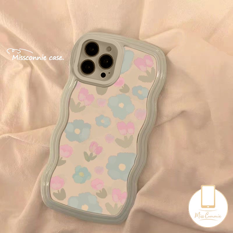 Casing Tepi Gelombang Baru Kompatibel Untuk iPhone 11 Pro MAX 7Plus 8Plus XR 6s 6 7 8 Plus 12 13 14 Pro MAX 14 Plus X XS MAX SE 2020segar Cat Air Biru Ungu Bunga Sarung Silikon Lembut