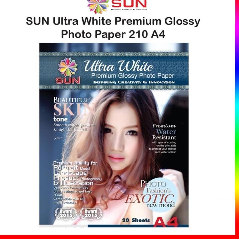 

TERMURAH Kertas Foto Glossy Ultra White A4 210/240 gsm - SUN Ultra White Premium Glossy Photo Paper A4 Ketebalan 210 , 240 gsm ( Support epson/canon/hp/brother ori (dye ) - 664, 003, 673, 001 ) ど