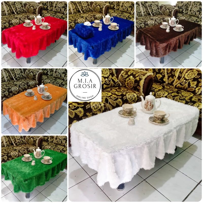 Taplak Meja Kaca Ruang Tamu Rumbai Bulu Rasfur Ukuran 100x50 cm