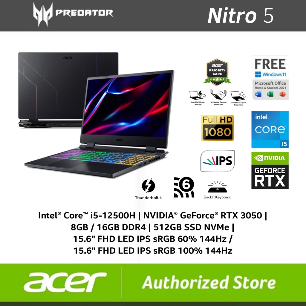 ACER Nitro 5 AN515-58 i5-12500H DDR4 8GB/16GB SSD 512GB RTX3050 4GB 15.6&quot; 144Hz W11 OHS