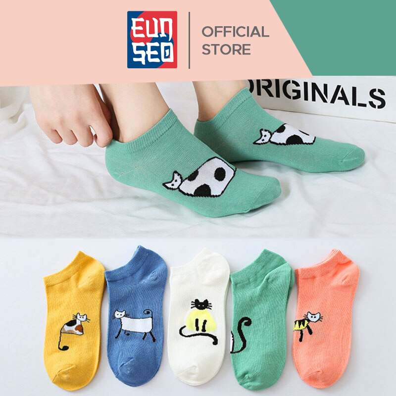 EUNSEO Kaos Kaki Wanita Pendek Motif Funny Cat Lucu Fashion Korea KaosKaki Wanita Pendek Premium