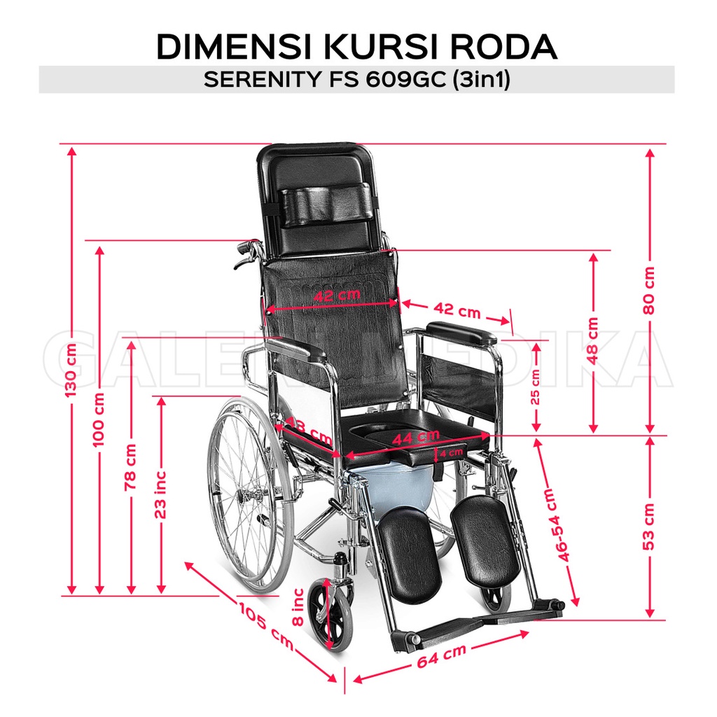 Kursi Roda 3 in 1 / Kursi Roda Multifungsi 3in1 Serenity 609 GCU Bisa BAB, Rebahan, Selonjoran, Duduk Santai