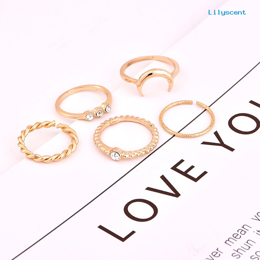 [LS]5Pcs Vintage Moon Knuckle Finger Ring Set Bohemian Perhiasan Sendi Yang Dapat Disesuaikan