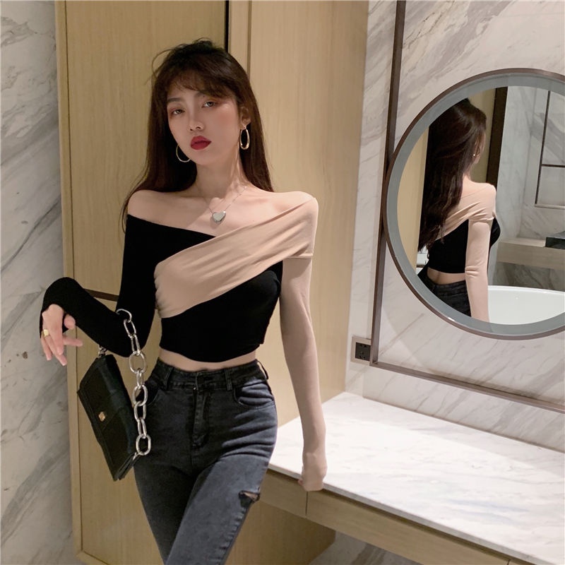 ☈┋Suhao keinginan murni hot girl one-shoulder bottoming kemeja musim dingin wanita pakaian dalam chic top in rasa desain ceruk pinggang T-shirt pendek