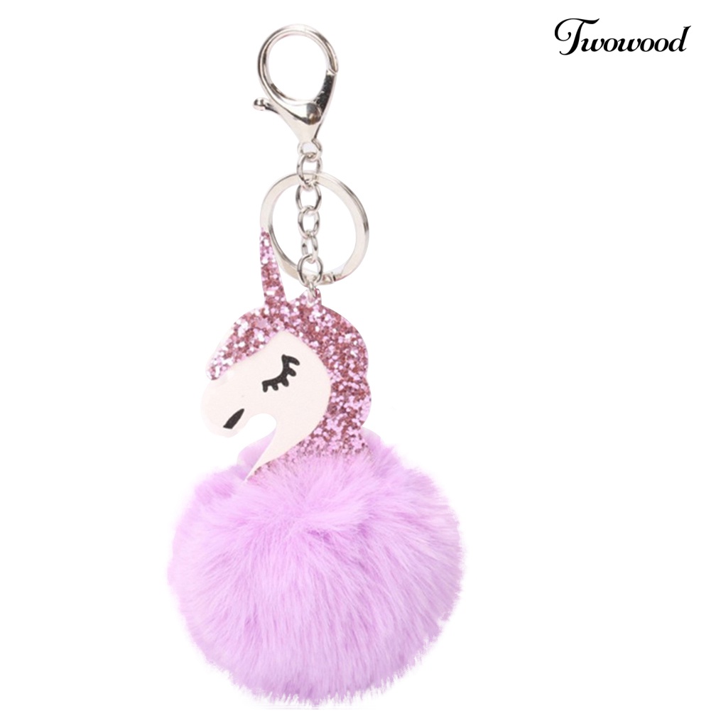 Twowood Lucu Shiny Sequin Unicorn Keychain Faux Fur Ball Keyring Bag Gantung Liontin