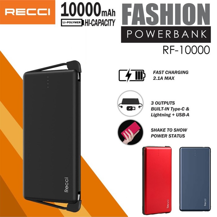 RECCI RF-10000 FASHION SERIES 10000mAh Powerbank - 2 Built-in Cables - Powerbank Terbaru dari RECCI dengan Kabel Built-in