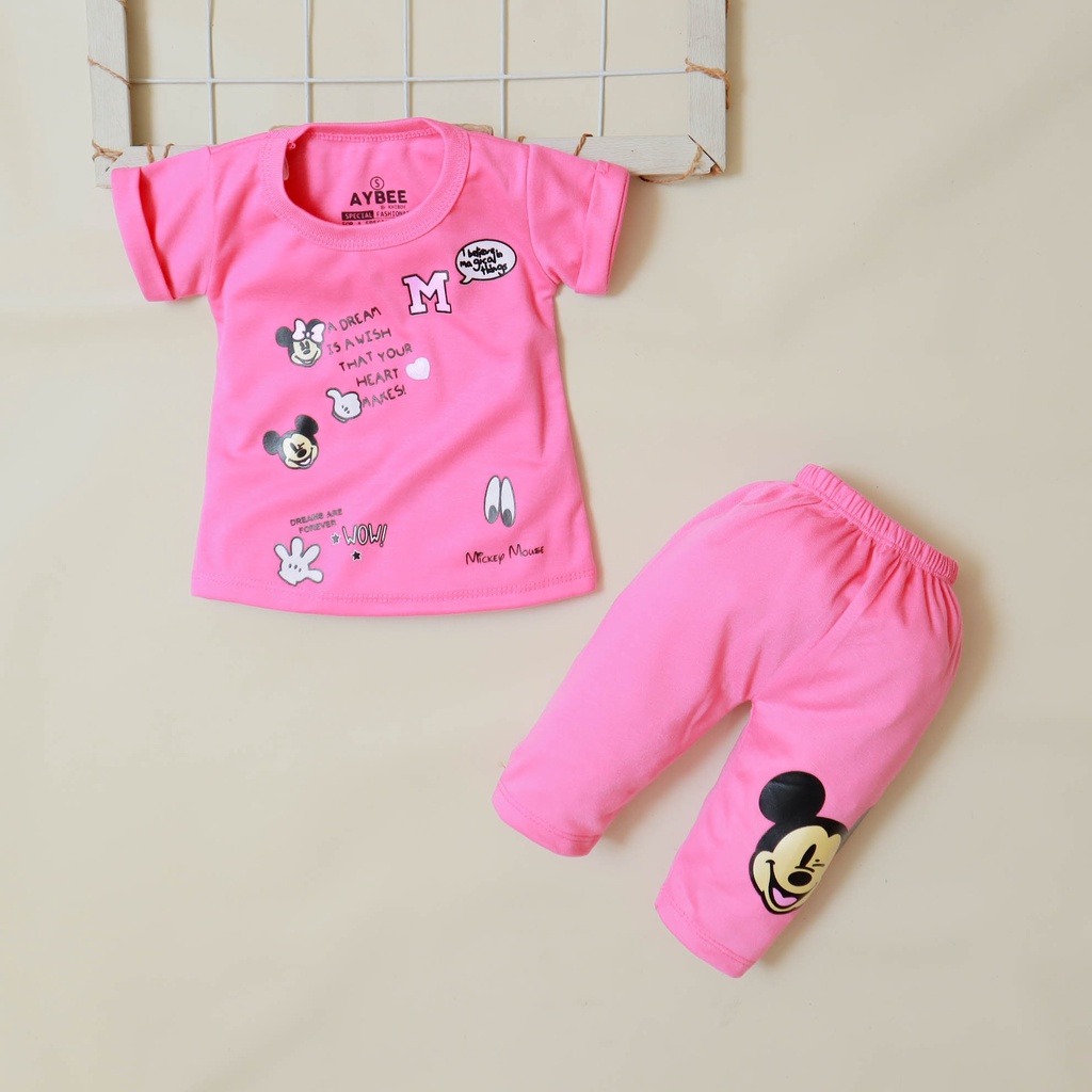 Setelan Baju Celana Anak Perempuan usia 3-12 bulan Aybee Motif Mickey Dream