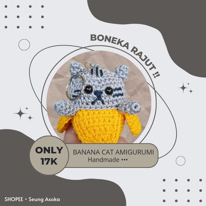 Banana cat amigurumi keychain, gantungan kunci kucing