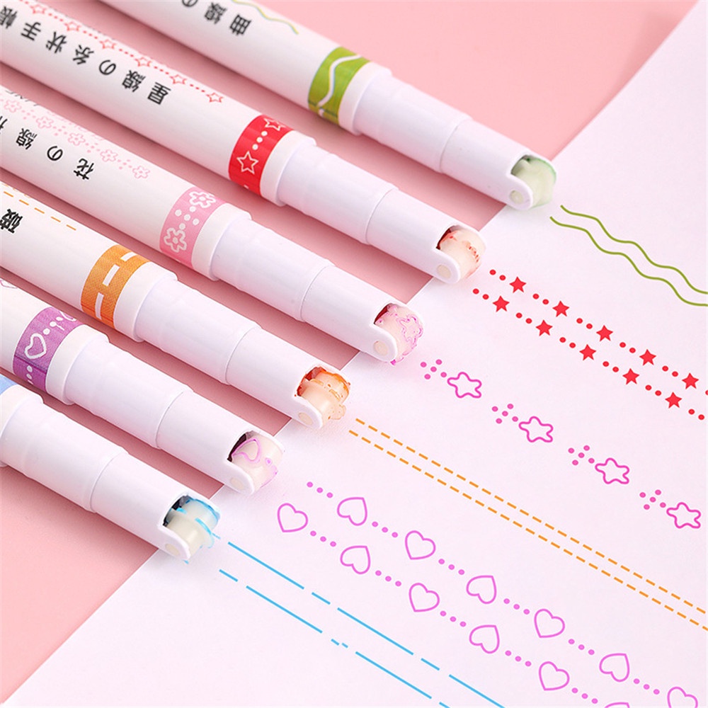 [COD Tangding] 6 Pcs Colorful Roller Wavy Line Pens DIY Akun Tangan Cepat Kering Stabilo Siswa Alat Tulis