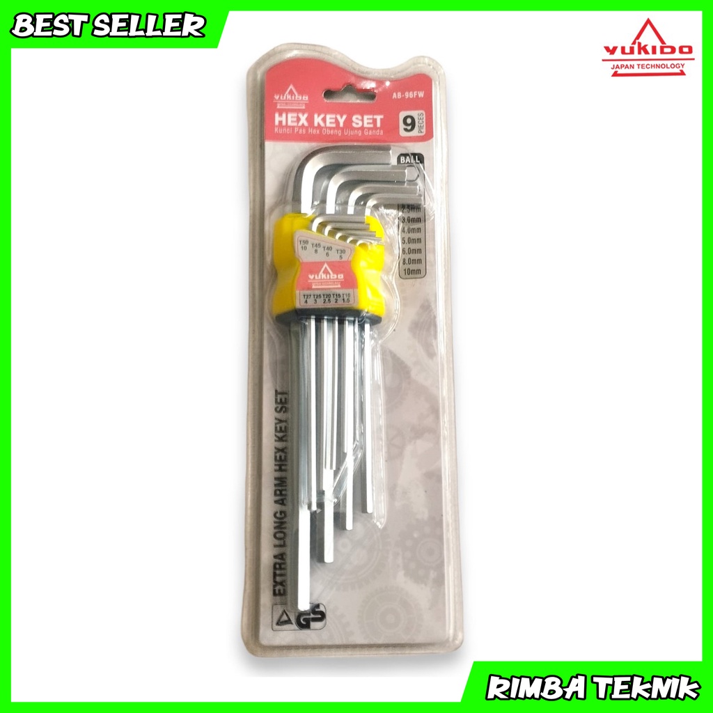 Kunci L Set 9 Panjang Pcs 1.5mm - 10mm Yukido Chrome Vanadium Ballpoint Ball Point Hex Key Termurah