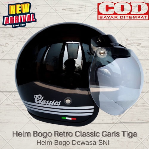 Helm Bogo Retro Dewasa Classic Garis Tiga SNI Helm Dewasa Pria Dan Wanita Kaca Cembung Kaca Datar COD