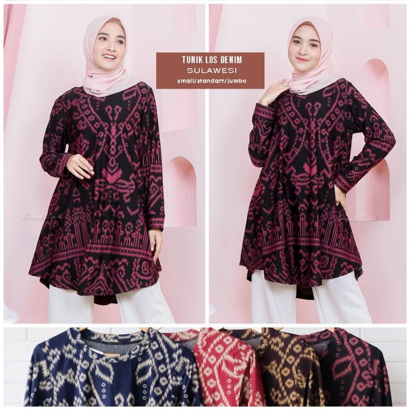 Tunik los motif Songket Sulawesi dan Songket Kalimantan merek Jessnad bahan denim calvin jeans fashi