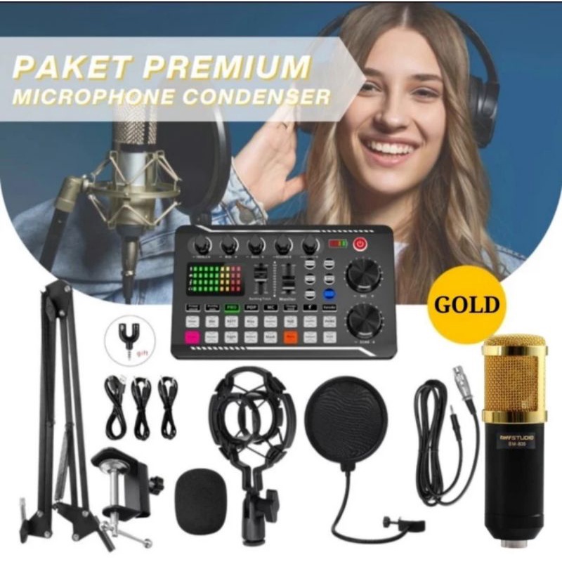 Paket Microphone Condenser BM800 Soundcard F998 Stand Arm Pop Filter