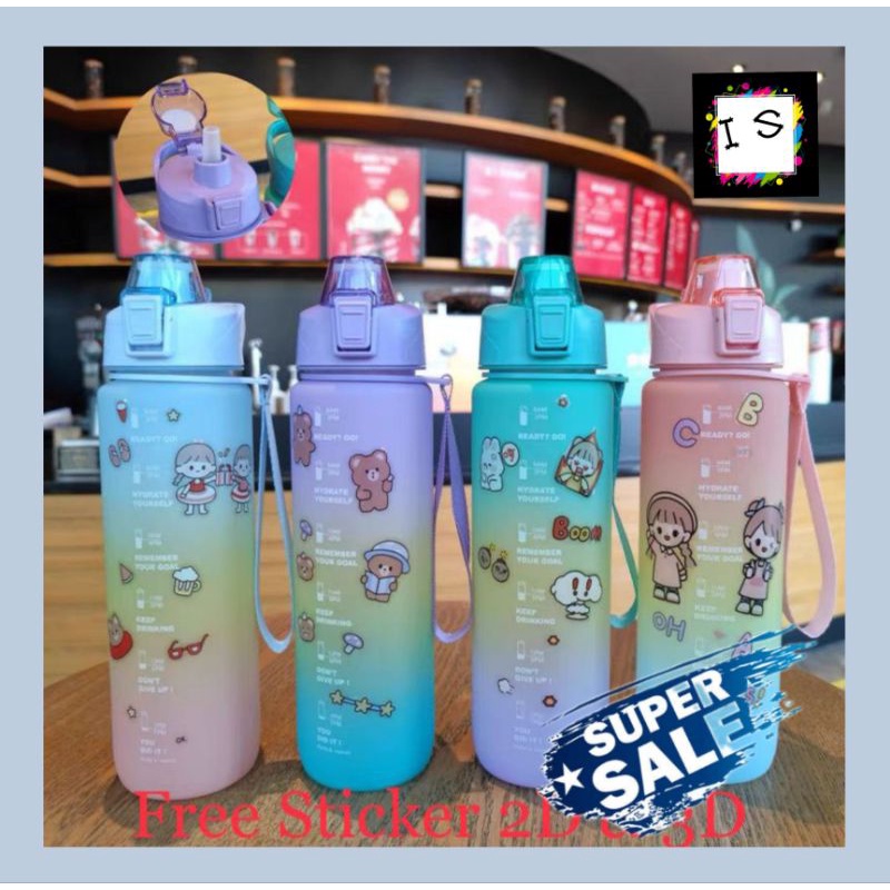 Botol Air Minum VIRAL 1.1 LITER ORIGINAL Dengan Sedotan Motivasi Rainbow Full Pastel ( Packing Xtra Aman )