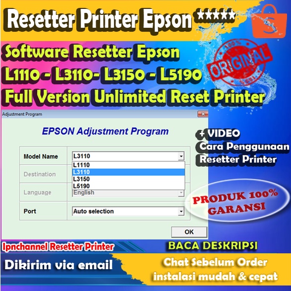 RESETTER Epson L1110 - L3110 - L3150 - L5190 Unlimited Reset + Video Cara Reset Printer