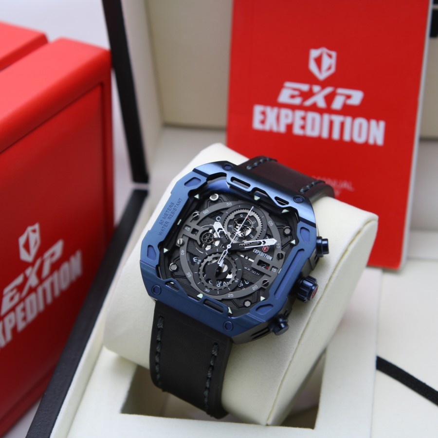 Jam Tangan Expedition Pria E 6826 / E6826 Leather Black Blue Original