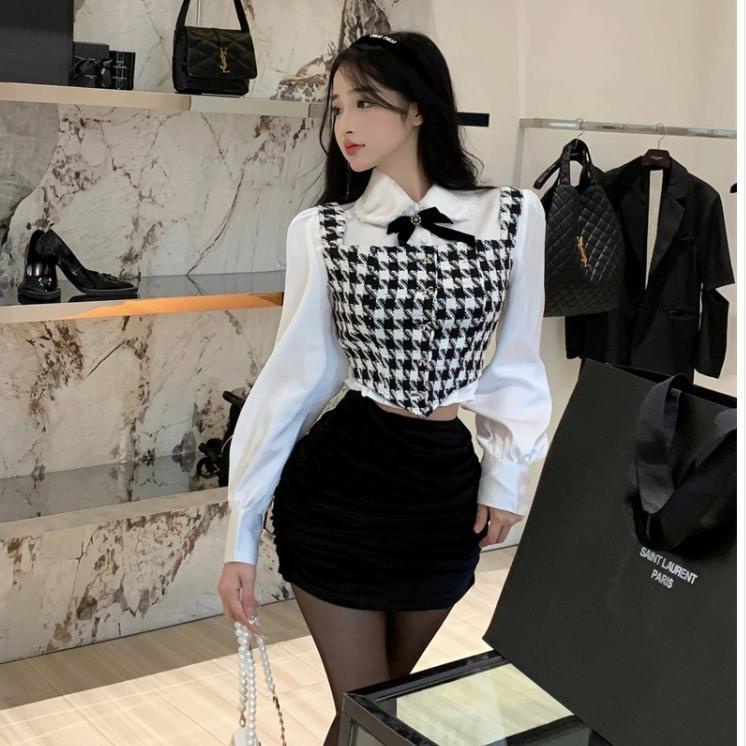 Suhao One-Piece Suit Wanita Fashion Slim Pakaian Luar Houndstooth Top Awal Musim Gugur Gaya Selebriti Pendek Slim Bawah Kemeja