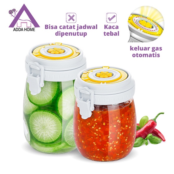 Adda Home - Stoples Kaca Bening Toples Serbaguna Penyimpanan Makanan Acar Keluar Gas Udara Otomatis Penutup Rekam Tanggal