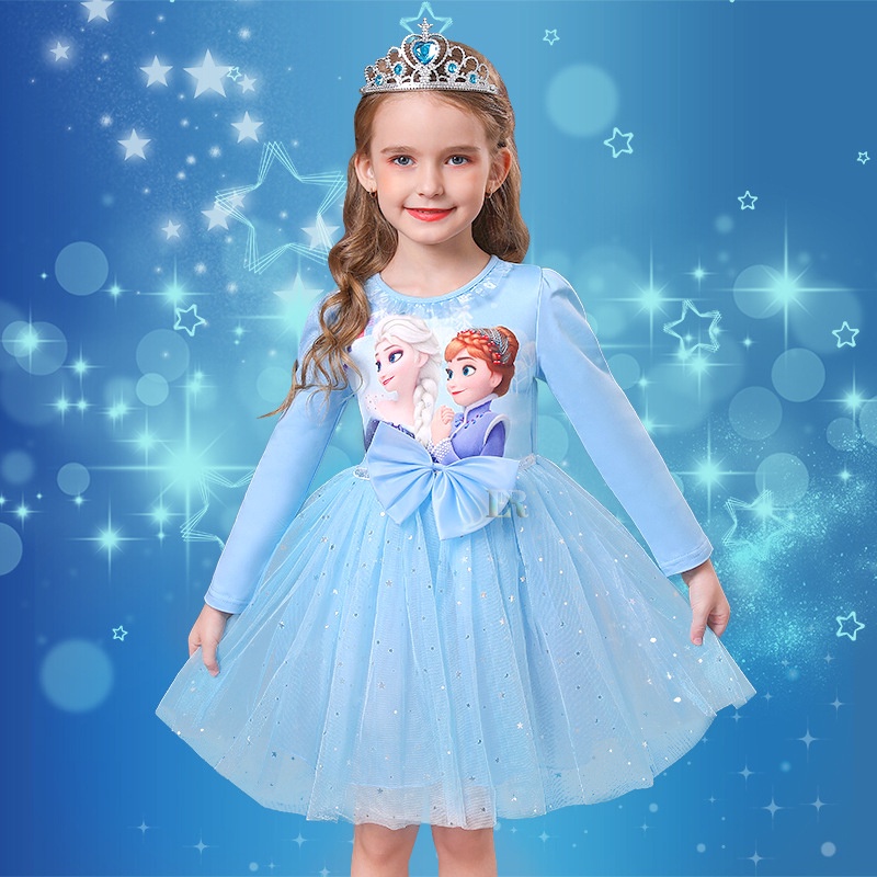 LNR Shop Free Tongkat Sihir + Mahkota Gaun Musim Gugur Anak-anak untuk Anak Perempuan Motif Frozen Elsa Lengan Panjang Dengan Rok Tutu Gaun Putri Carttom Frozen Elsa Gaun Pesta Pakaian Anak-Anak Gaun Summer