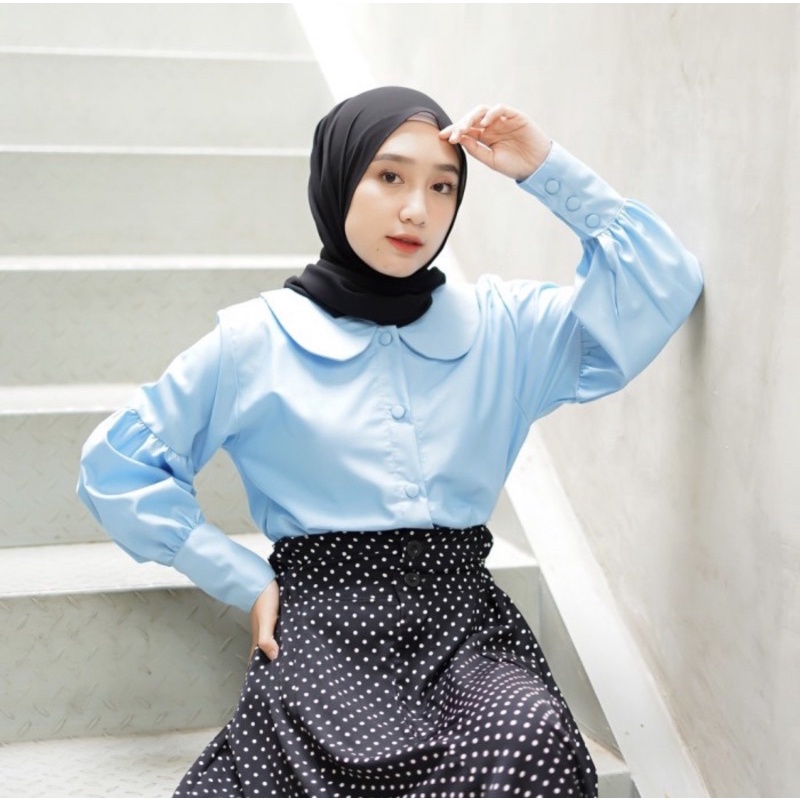 BLOUSE WANITA KOREAN STYLE COLLAR LEHER KUPU KEMEJA WANITA FULL KANCING LENGAN PANJANG KERUT