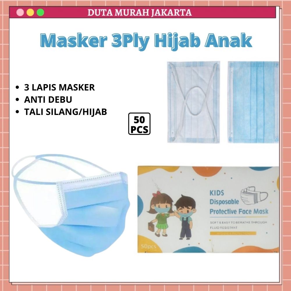 Masker 3Ply Anak Hijab Headloop Tali Silang Isi 50Pcs DMJ