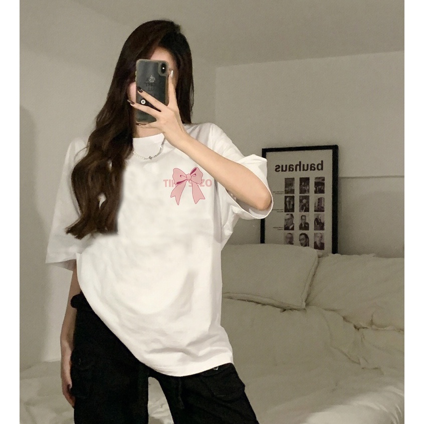 [100%  Katun]Kaos Pink Bow Oversize Kekinian Lengan Pendek Korean Style Printed T-shirt Baju Wanita Hitam