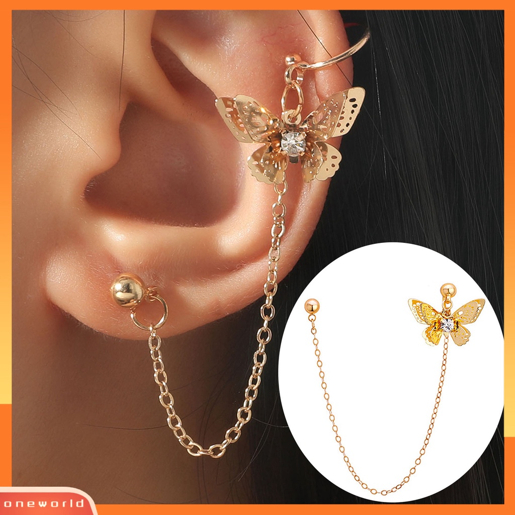 [WONE] 1pc Butterfly Berlian Imitasi Alloy Rantai Rumbai Piercing Anting Klip Telinga Untuk Outdoor