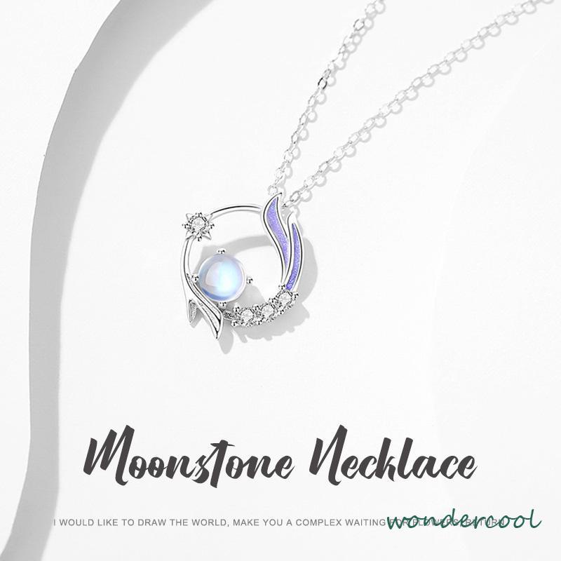 Kalung Rantai Klavikula Liontin Moonstone Gaya Korea Silver Untuk Wanita Aksesoris Perhiasan-Won