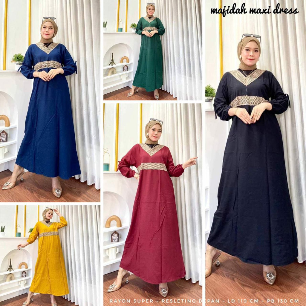 Majidah Baju Gamis Muslim Wanita Bahan Rayon Polos Kekinian Terbaru