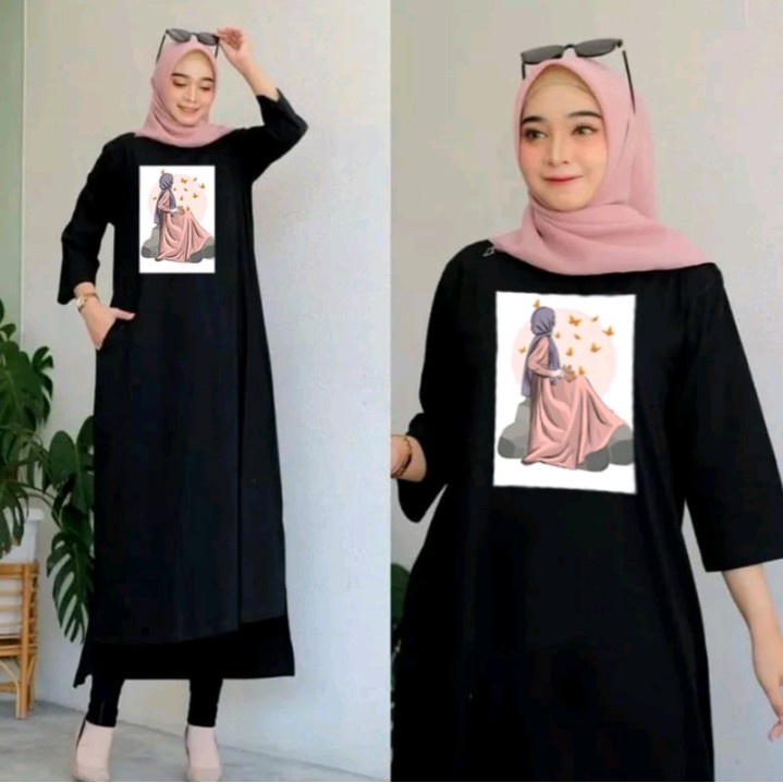 Baju Midi Dres Muslimah Kekinian Bahan crinkle aplikasi Sablon