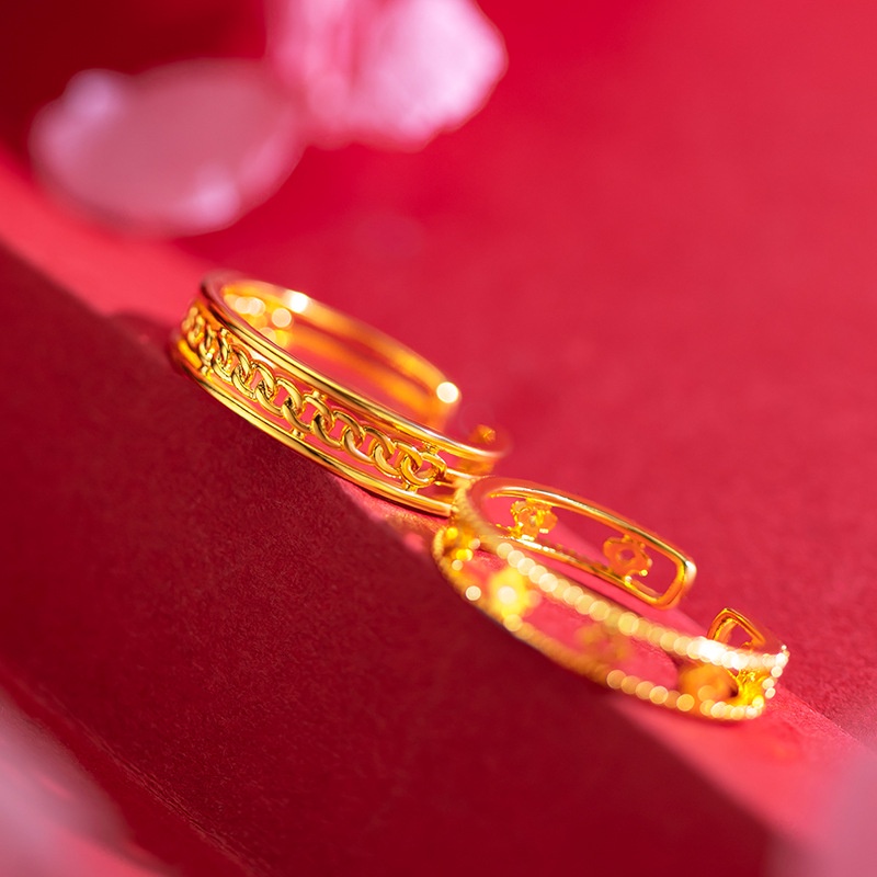 Goldkingdom Perhiasan Fashion Emas Asli Kadar 375 Bangkok Aksesoris Ready Stock Ins Four-leaf Clovers Interlocking Couples with Adjustable Rings Untuk Pria Dan Wanita