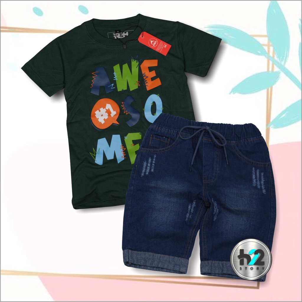 Setelan Anak Celana Jeans / Setelan Jeans Anak Laki Laki /  Setelan Kaos Distro Anak Celana Jeans Pendek Usia 3-12 Tahun / By H22Story