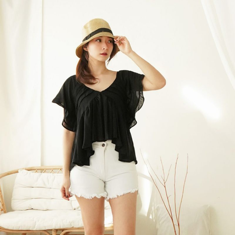 MDLV ~ 5929# Griselda Asymmetric Ruffle Top Blouse Import