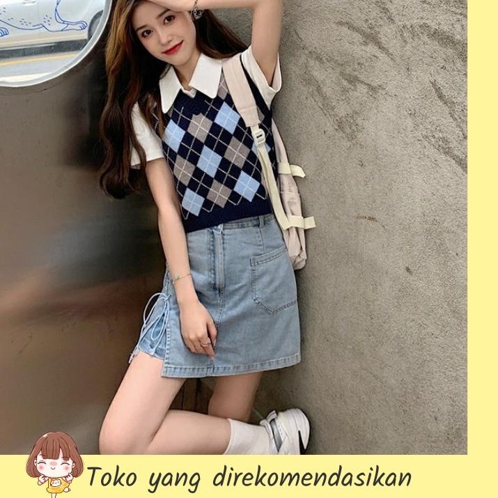 Best Seller Korea vest rajut Kotak kotak rompi wanita v neck Vintage rompi rajut